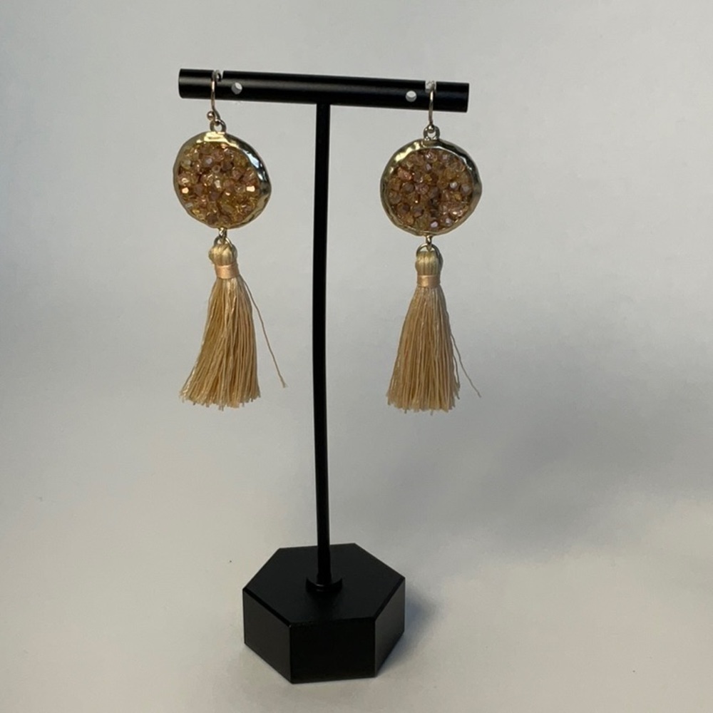 Earrings Gold Tone Disk with Tan Tassel